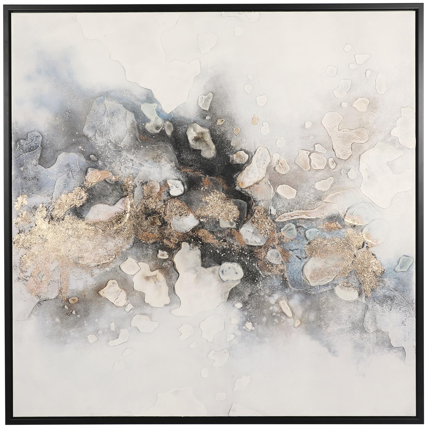 Multi Colored Canvas Abstract Watercolor Blotch Framed Wall Art with Gold Foil Accents and Black Frame