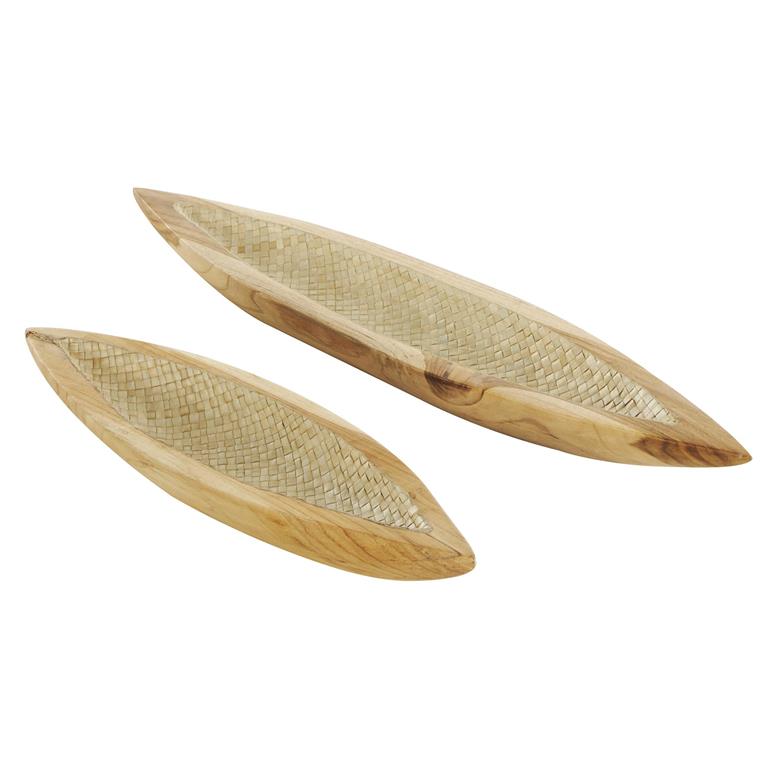 Brown Teak Wood Boat Handmade Carved Tray with Woven Palm Leaf Interior, Set of 2