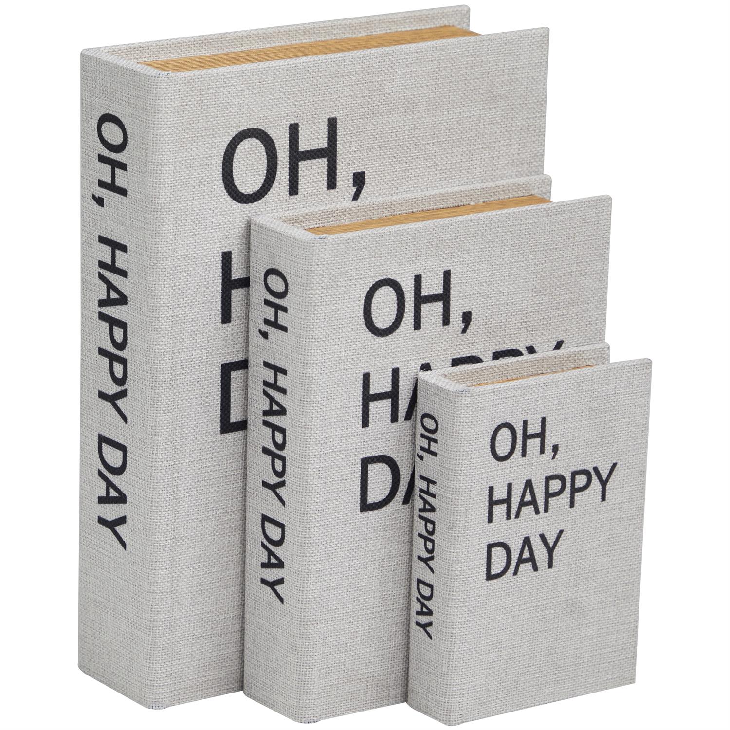 Light Gray Linen Fabric Storage Book Box with Typography and Gold Page Set of 3