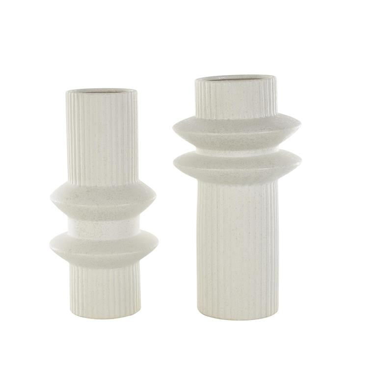 White Ceramic Abstract Ribbed Vase with Speckled Texturing, Set of 2