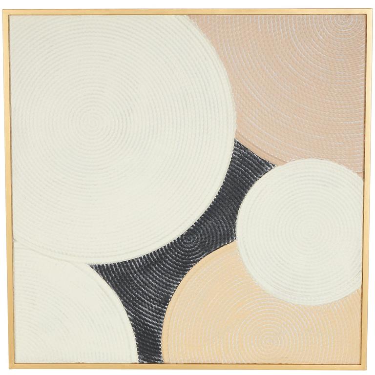 Cream Metal Geometric Textured Framed Wall Art with Overlapping Circles and Gold Frame