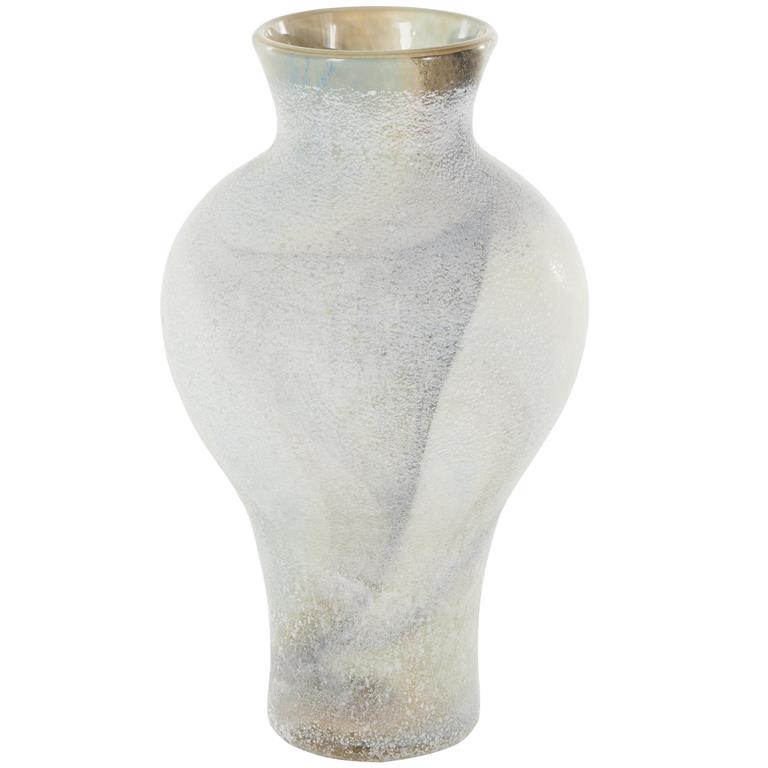 Cream Glass Distressed Vase with Blue and Tan Texturing