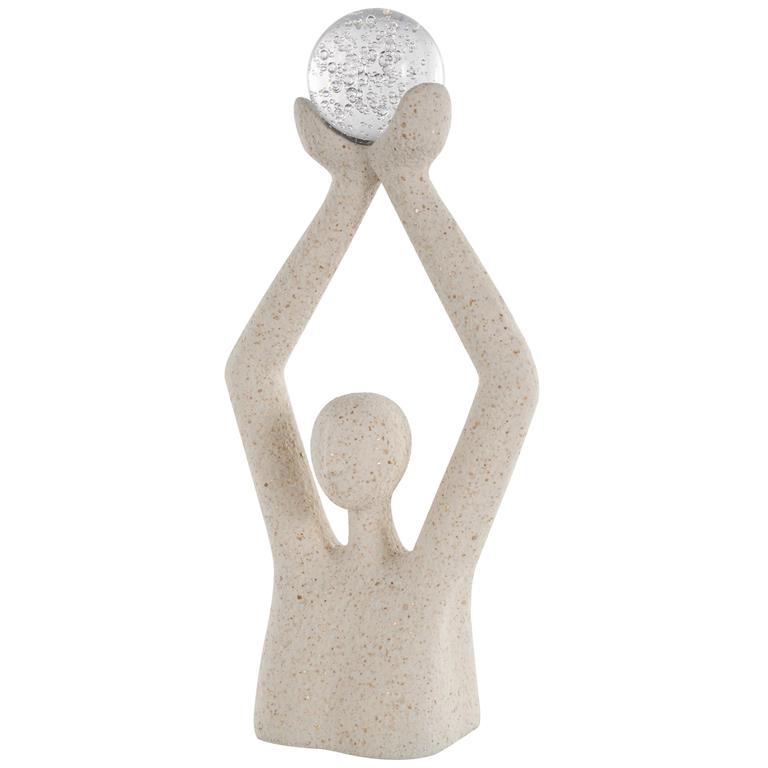 Cream Polystone People Abstract Textured Sculpture with Clear Glass Ball and Gold Speckles, 10" x 5" x 21"