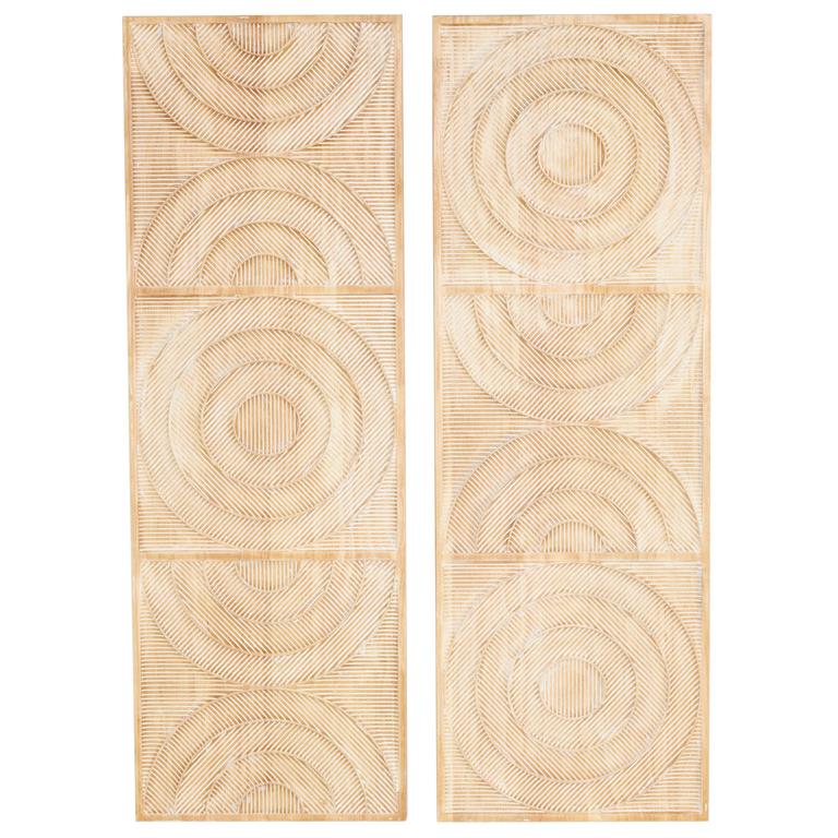 Light Brown Wood Geometric Carved Panel Arch Wall Decor with White Linear Markings, Set of 2 13"W, 37"H