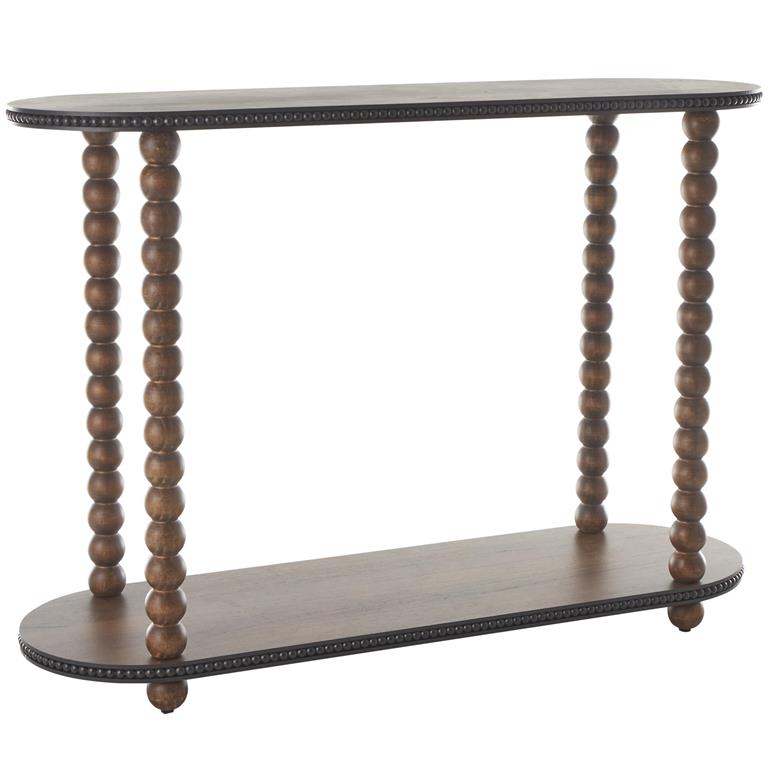 Brown Wood Oval Spindle 1 Shelf Console Table with Beaded Edges, 47" x 15" x 34"