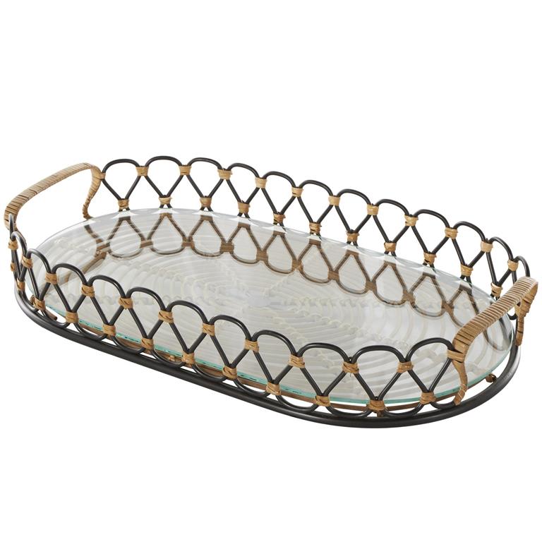 Black Metal Circular Woven Tray with Glass Base, 22" x 12" x