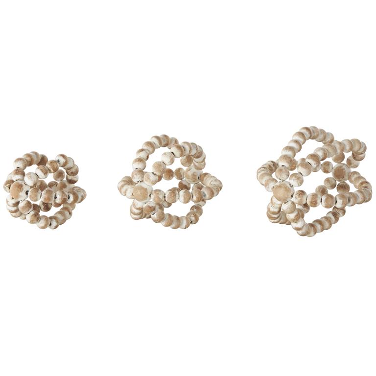Brown Wood Handmade Beaded Sculpture with White Washed Distressing, Set of 3