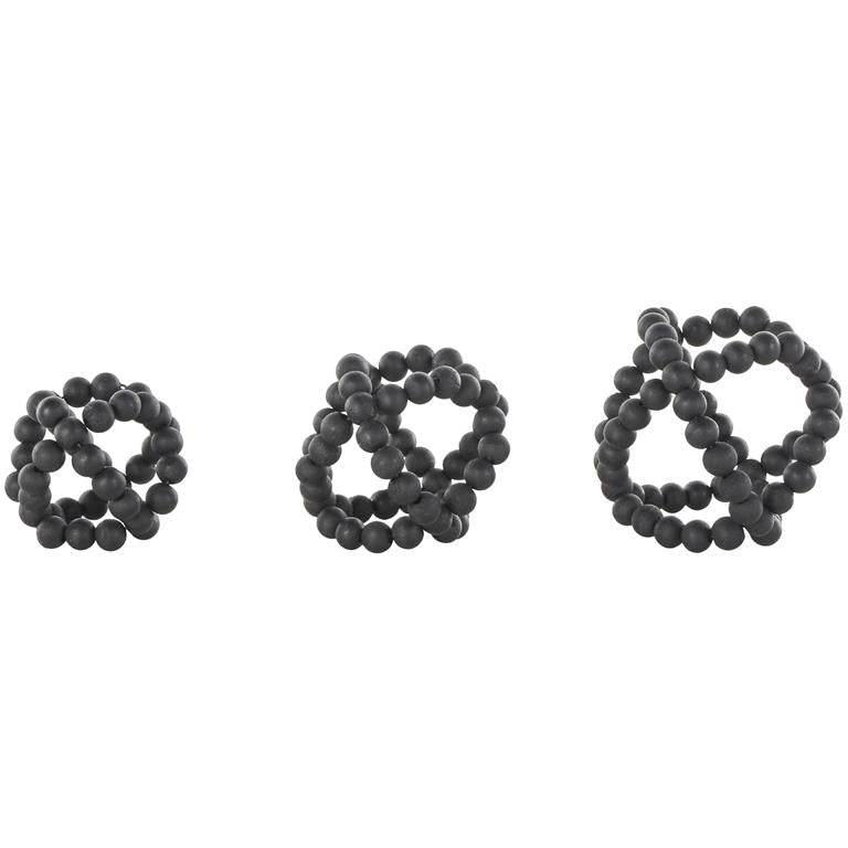 Black Wood Beaded Orbs & Vase Filler with Overlapping Rings, Set of 3