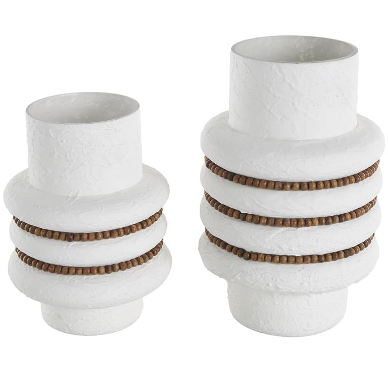 White Glass Textured Vase with Brown Wood Beaded Stripes, Set of 2