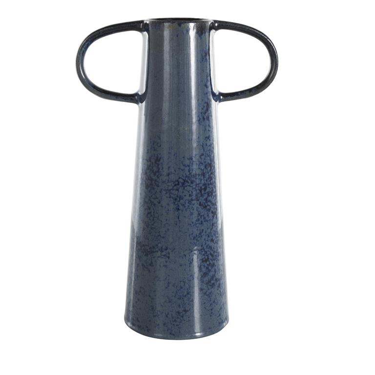 Dark Blue Ceramic Textured Cone Vase with Curved Handles