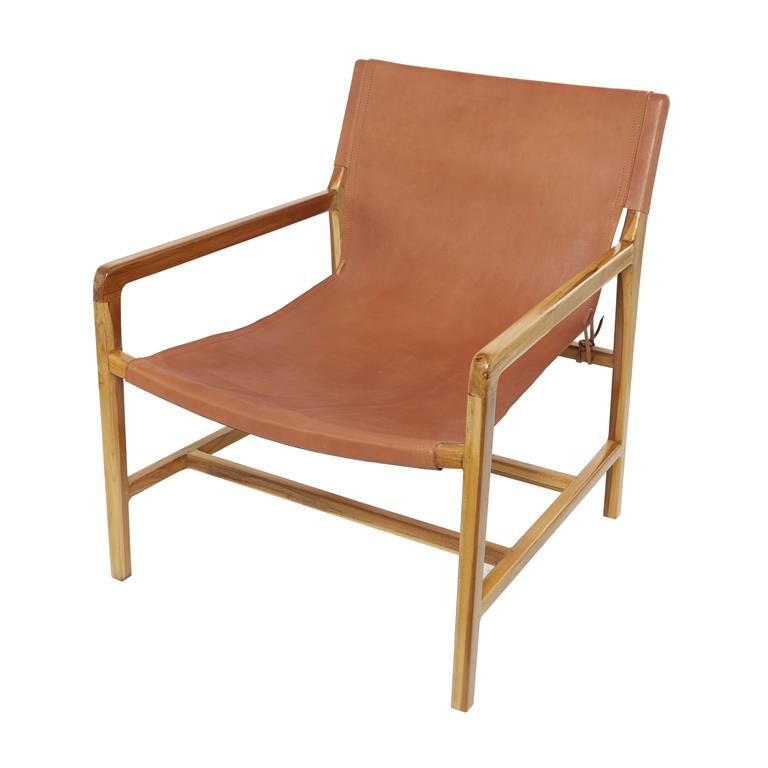 Silla de madera de teka con piel genuina, café 25"W, 31"H