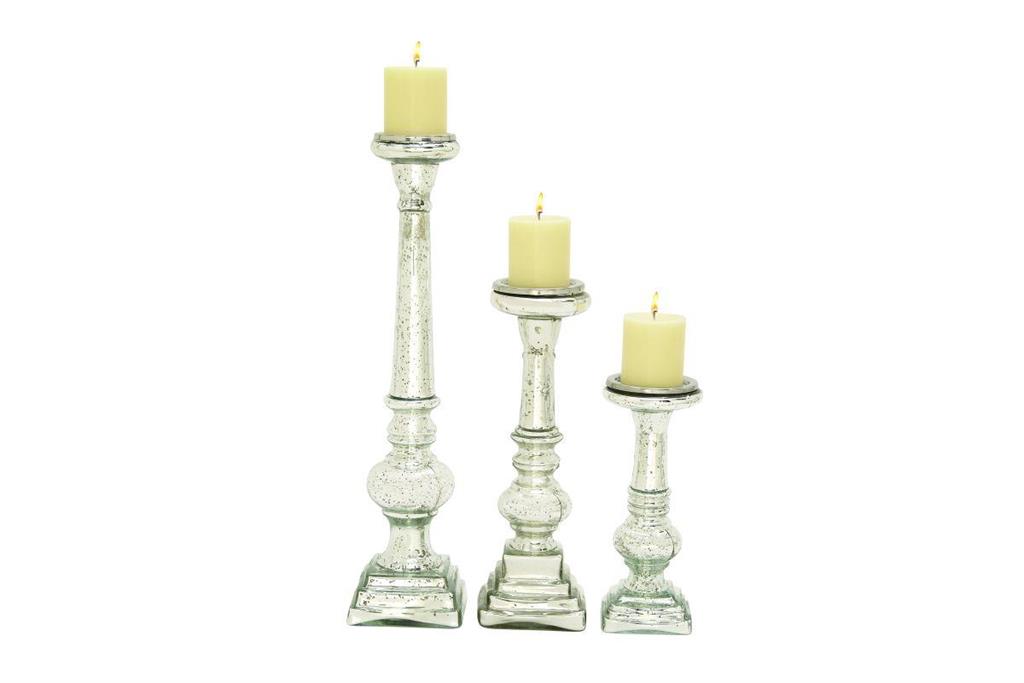 Silver Glass Handmade Turned Style Pillar Candle Holder with Faux Mercury Glass Finish, Set of 3 11", 15", 21"H