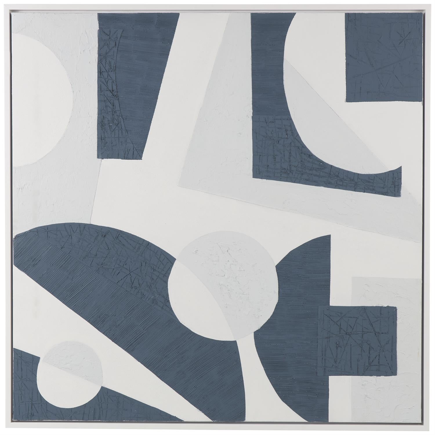 Blue Canvas Abstract Textured Framed Wall Art with Various Geometric Shapes On A White Background