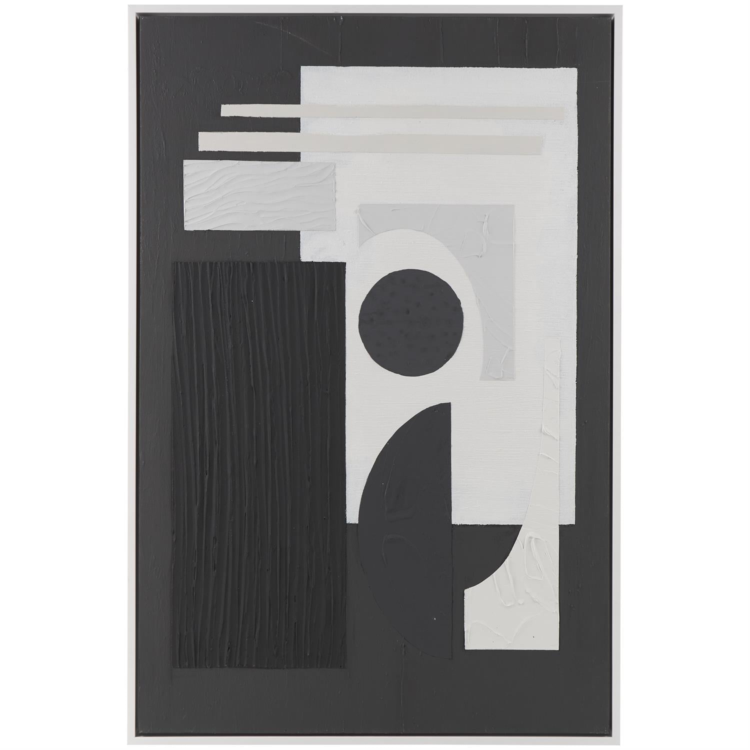 Black Canvas Abstract Textured Framed Wall Art with Various Geometric Shapes and White Accents