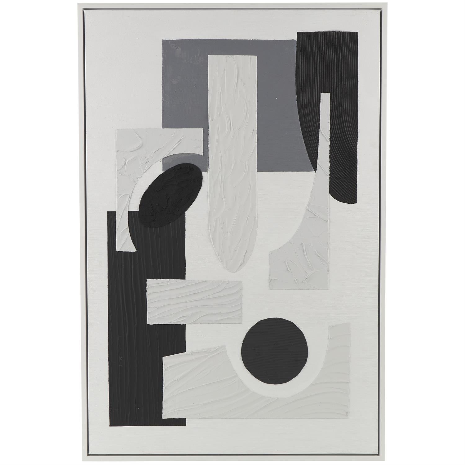 White Canvas Abstract Textured Framed Wall Art with Various Geometric Shapes and Black Accents, 40" x 1" x 59"