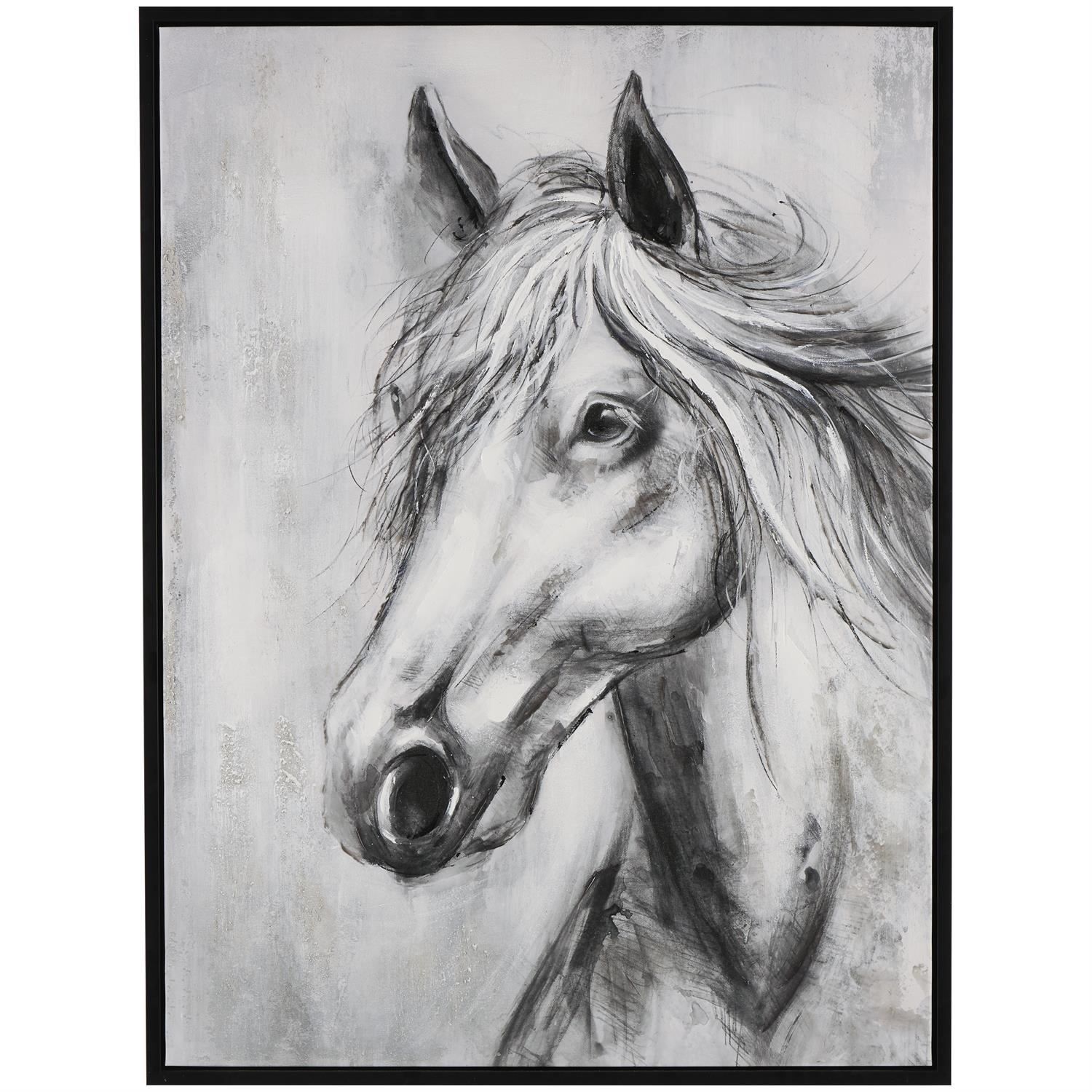 Black Canvas Horse Hand Drawn Inspired Shaded Framed Wall Art with White Background