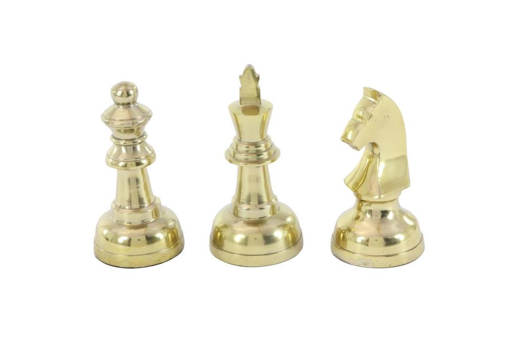 Gold Aluminum Metal Chess Sculpture with Knight, Queen and King, Set of 3