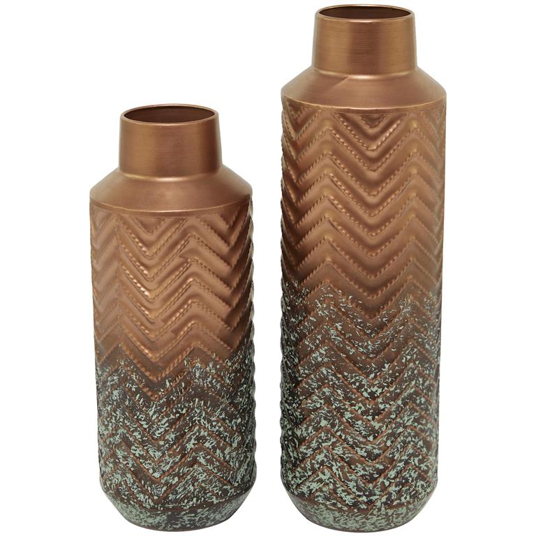 Copper Metal Embossed Chevron Vase, Set of 2 20", 16"H