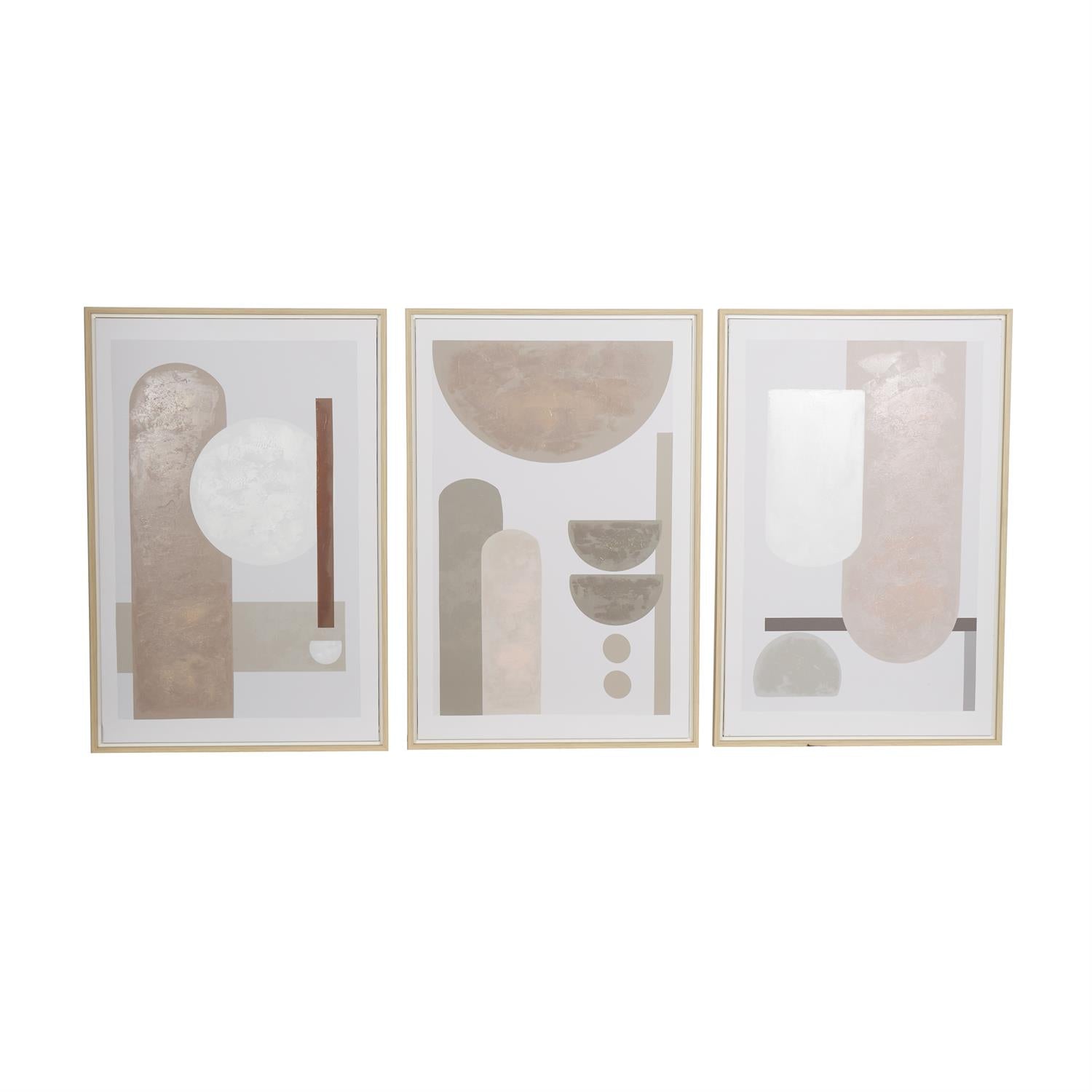 Pink Canvas Abstract Mid Century Modern Geometric Framed Wall Art with Brown Accents, Set of 3