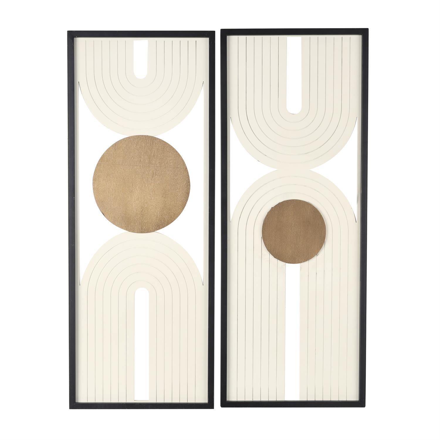 Cream Wooden Geometric Layered Arch Wall Decor with Gold Circle Accents, Set of 2