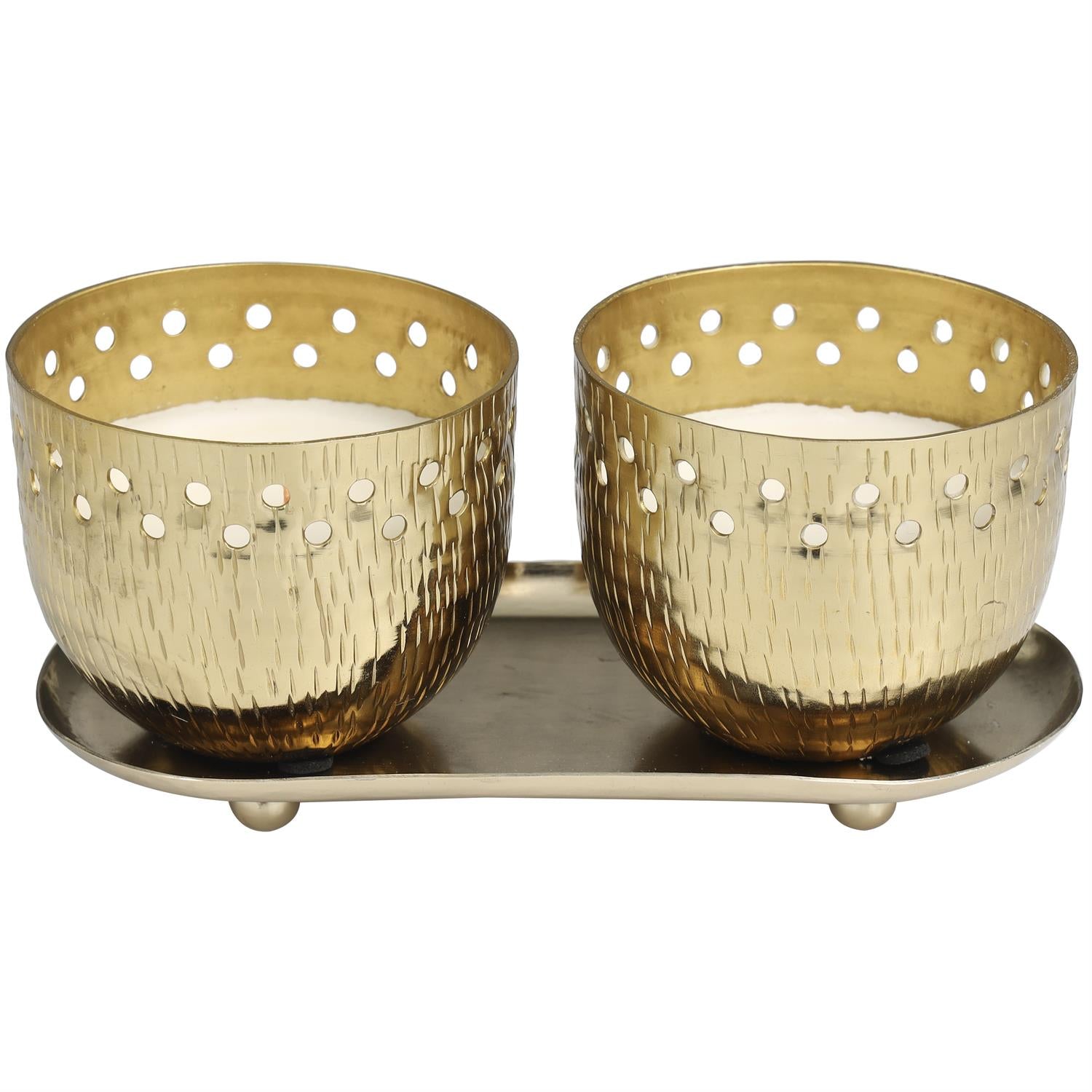 Gold Metal Jasmine Scented Cutout Spotted 7 oz 1 Wick Candle with White Wax, Set of 2