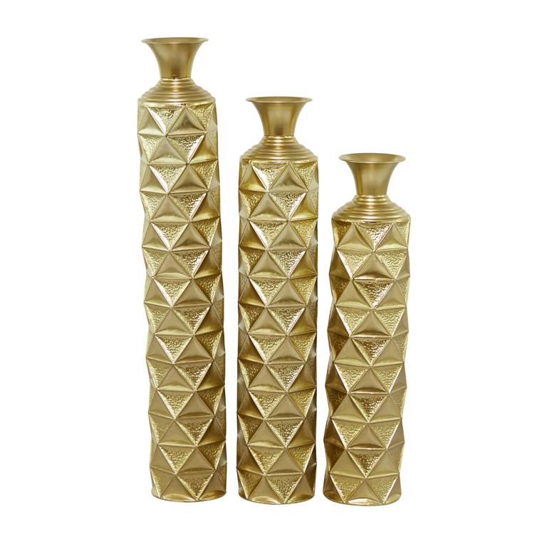 GOLD METAL TALL VASE 3D TRIANGLE PATTERNS, SET OF 3 34", 29", 25"H