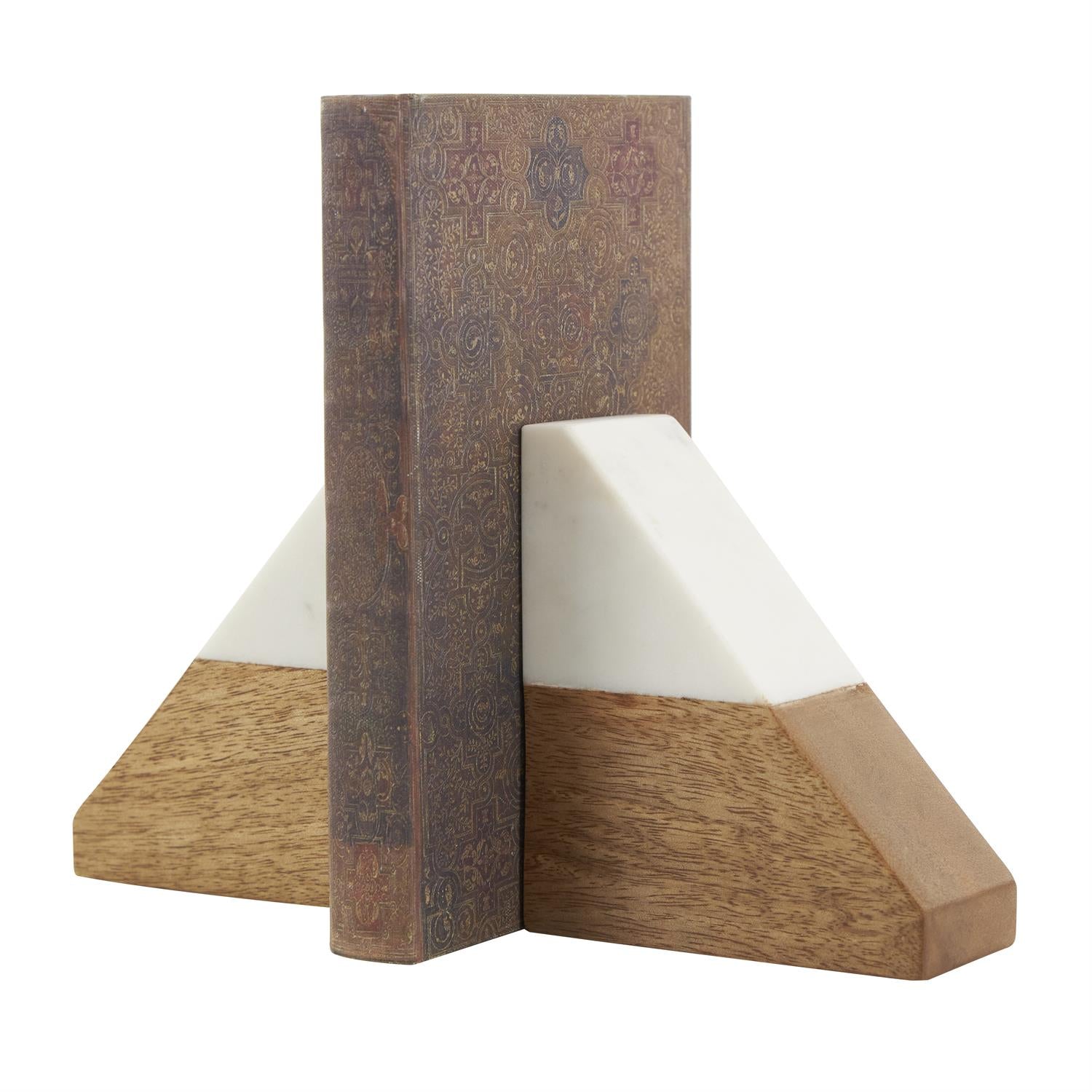 Brown Marble Geometric Triangle Bookends with White Marble Tops, Set of 2