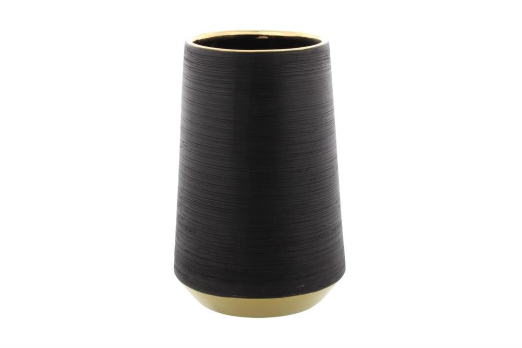 Black Porcelain Ceramic Ribbed Vase with Gold accents