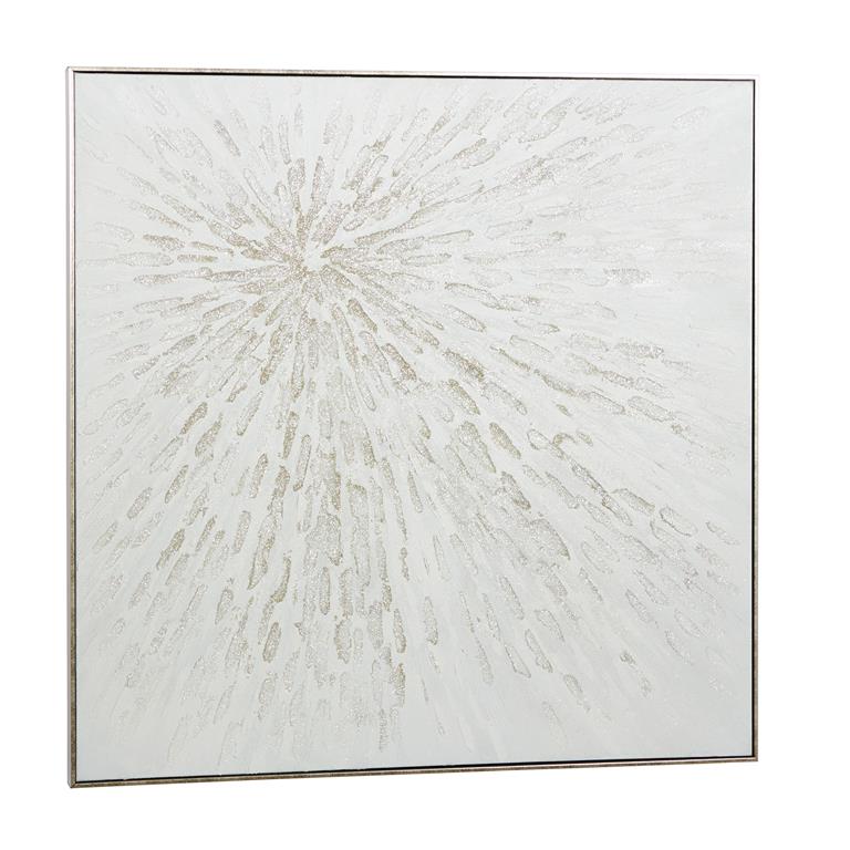 White Canvas Starburst Abstract Metallic Framed Wall Art with Silver Foil Accents