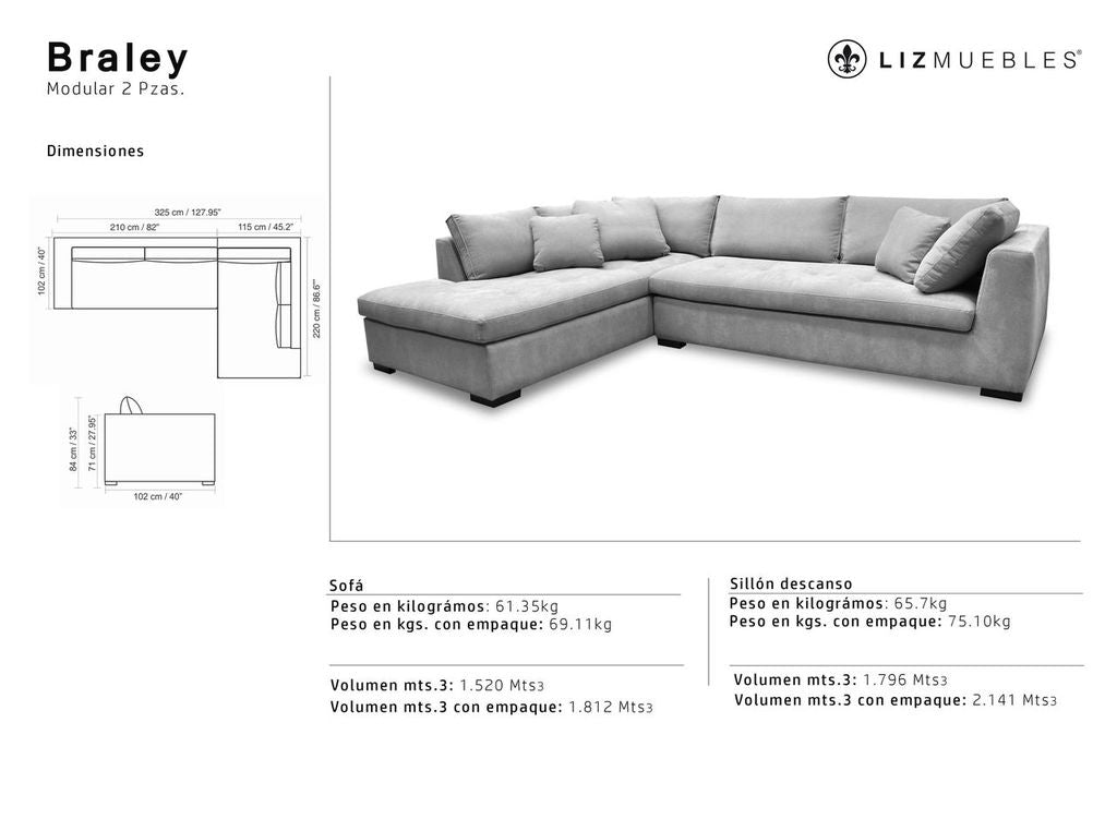 Sala Seccional BRALEY 2 pzs Chaise Derecho Bruno Sand