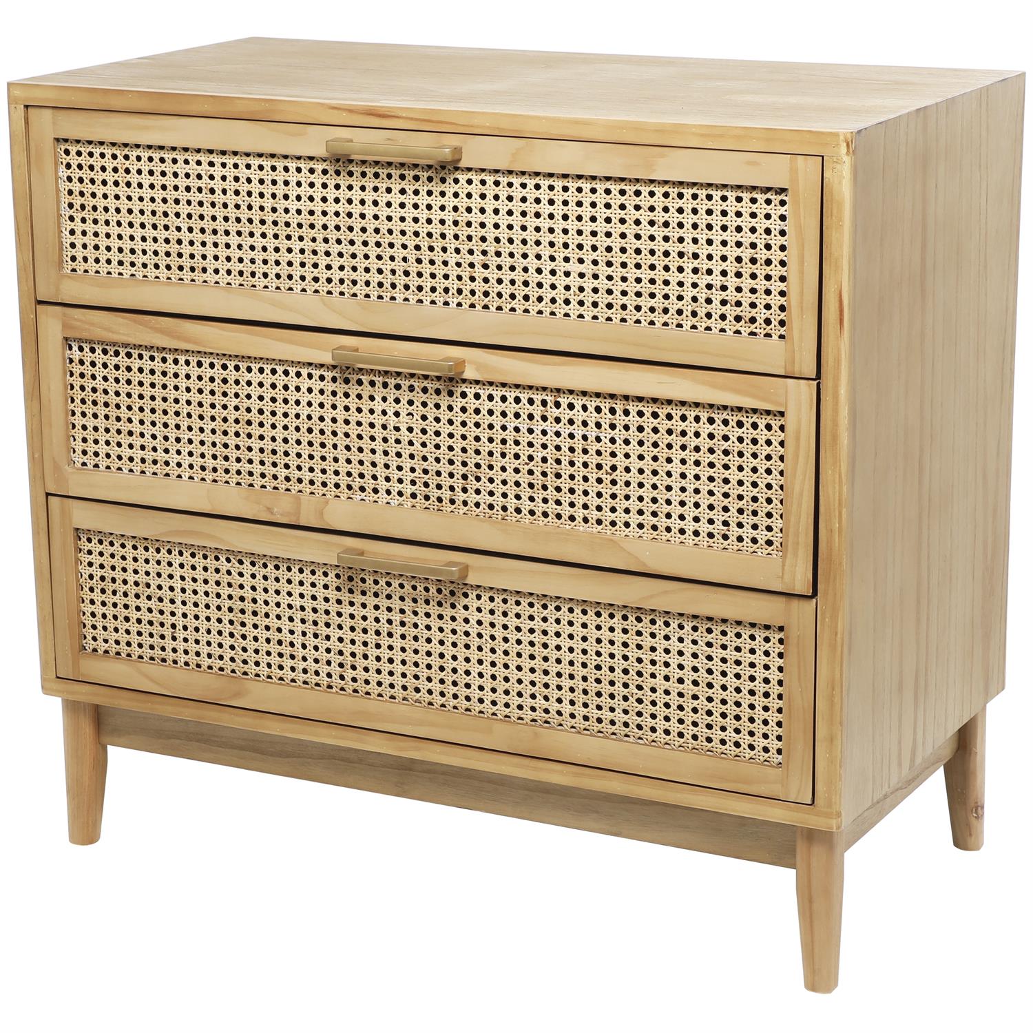 Gabinete 3 cajones con mimbre, madera clara 36x19x32