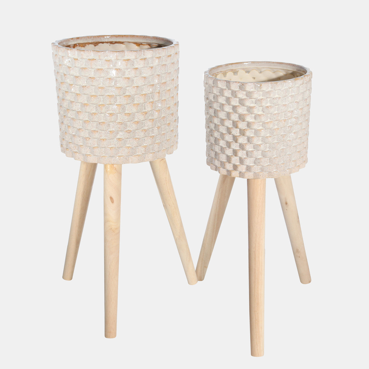MACETEROS CERÁMICA BEIGE CON PATAS DE MADERA S2/ 8" 10"