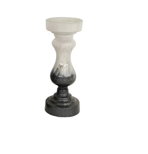 GLASS 13" CANDLE HOLDER, WHITE/BLACK