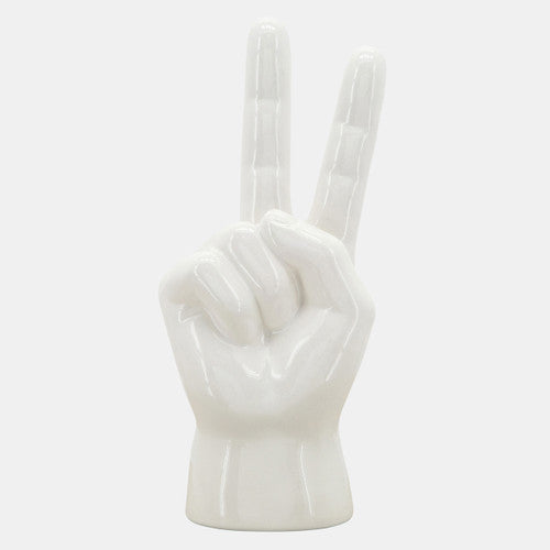6"H PEACE SIGN TABLE DECO, WHITE, MANO BLANCA