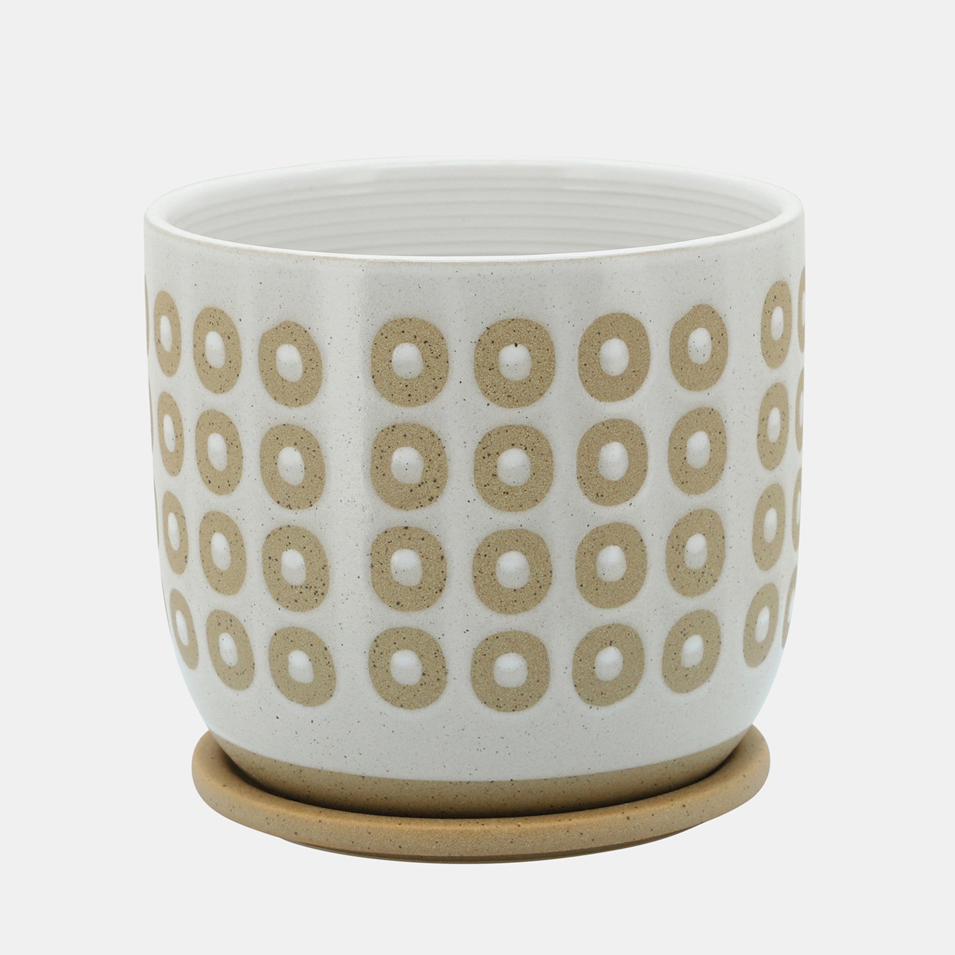 MACETA CERÁMICA CÍRCULOS CON PLATILLO / 8" BLANCO