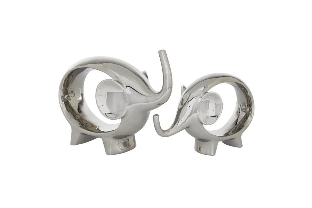 Silver Porcelain Contemporary Elephant Sculpture, Set of 2 7", 9"H