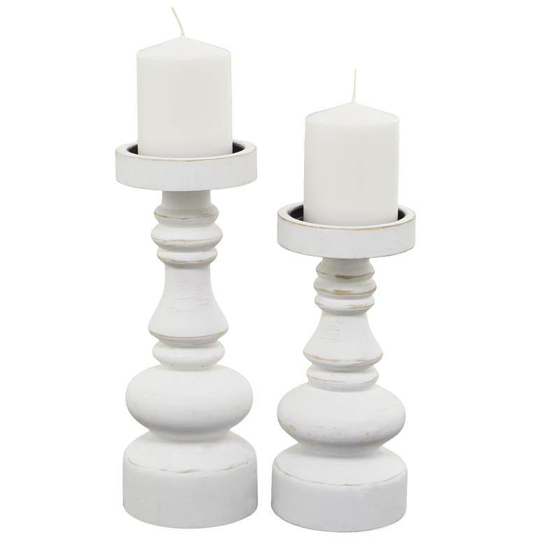 White Wood Turned Style Pillar Candle Holder, Set of 2 12", 10"H