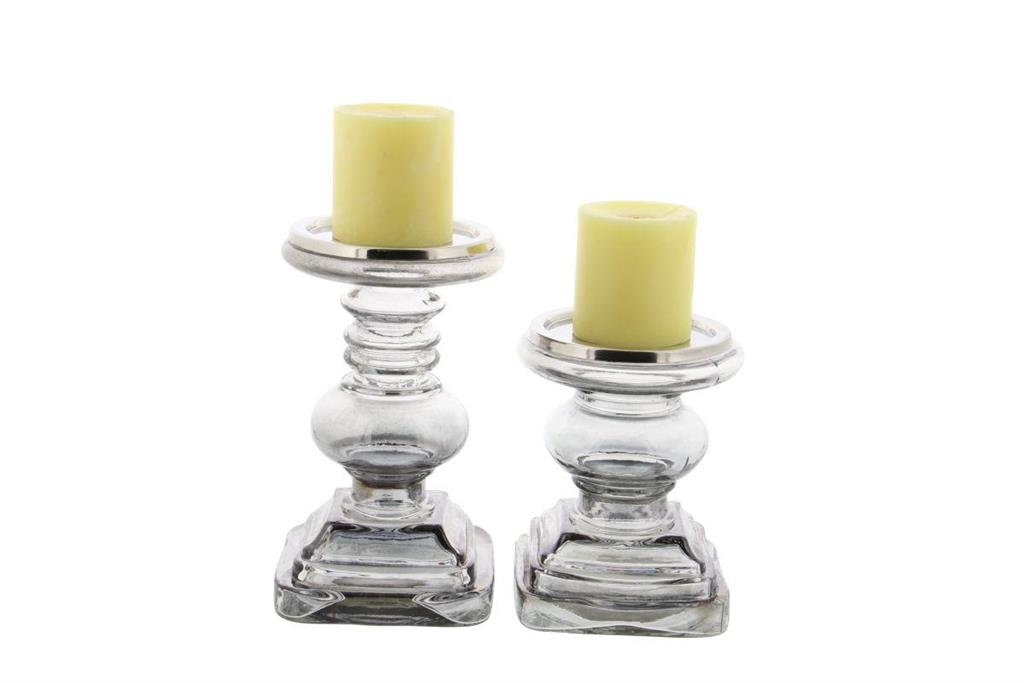 Silver Glass Handmade Turned Style Pillar Candle Holder Set of 2 7",9"H
