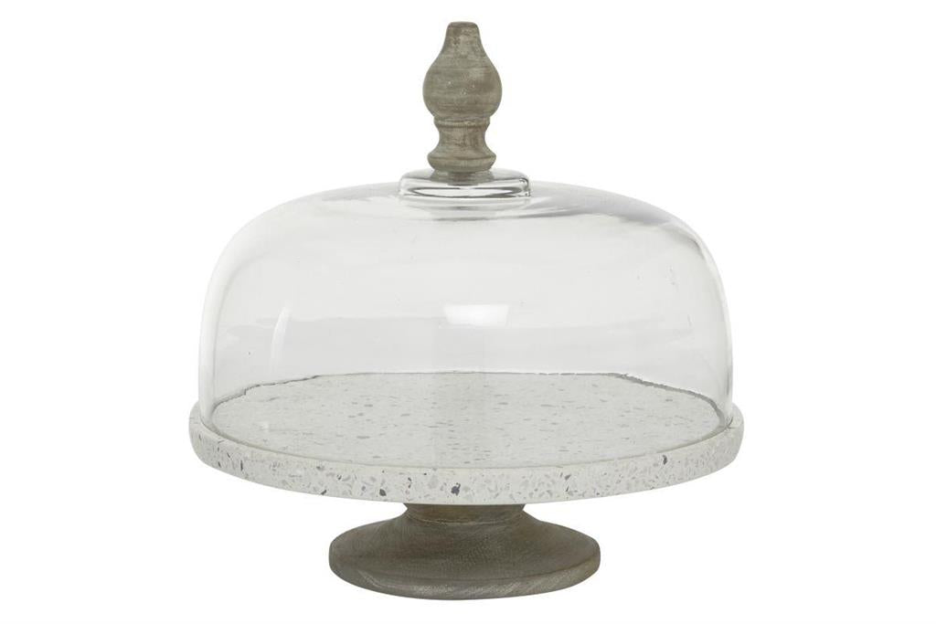 White Glass and Metal Contemporary Cake Stand with Cloche 12x12x12"