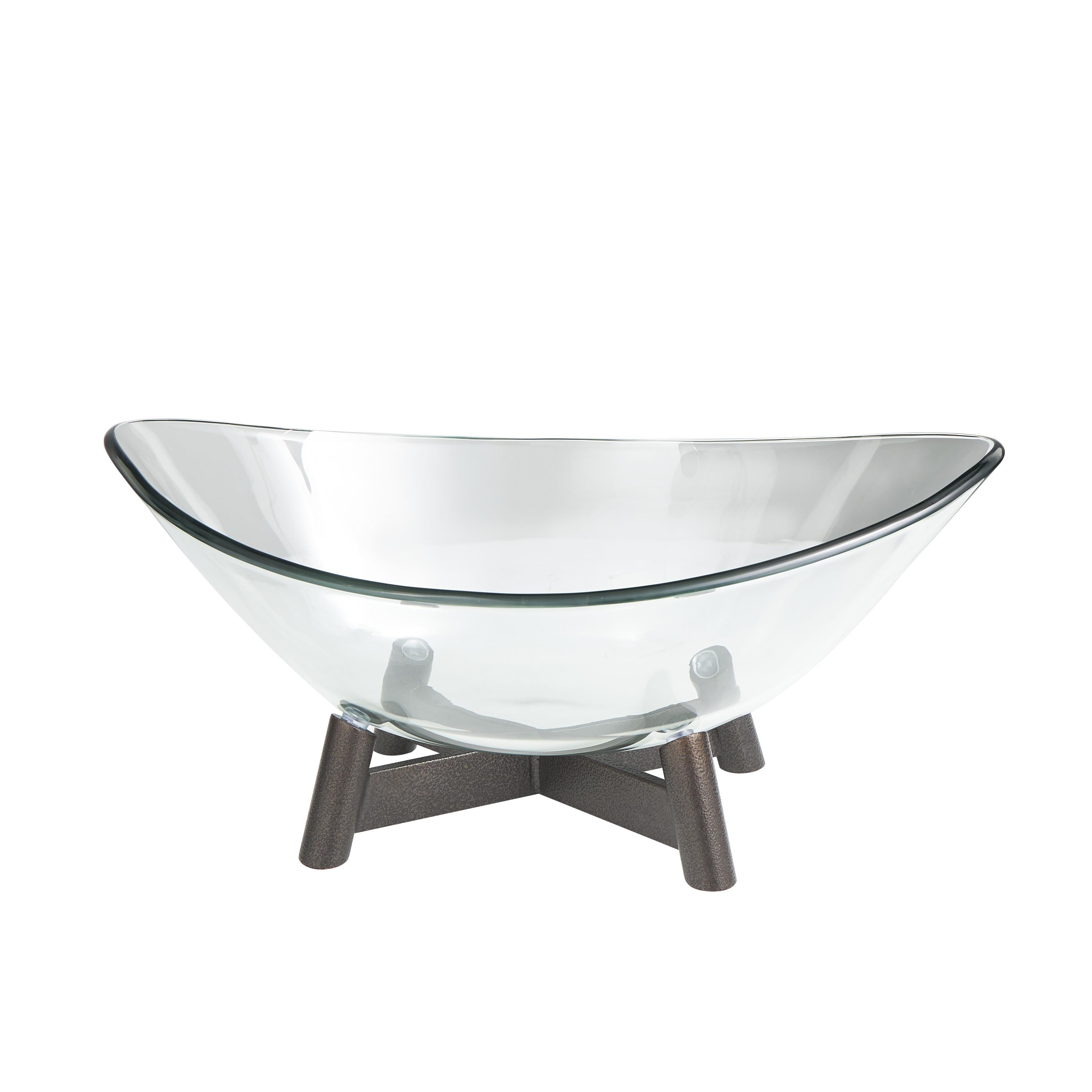 Clear Glass Wide Serving Bowl with Bronze Hammered