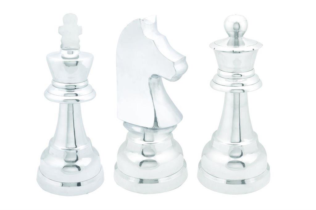 Silver Aluminum Traditional Chess Pieces Sculpture, Set of 3 4"W, 9"H