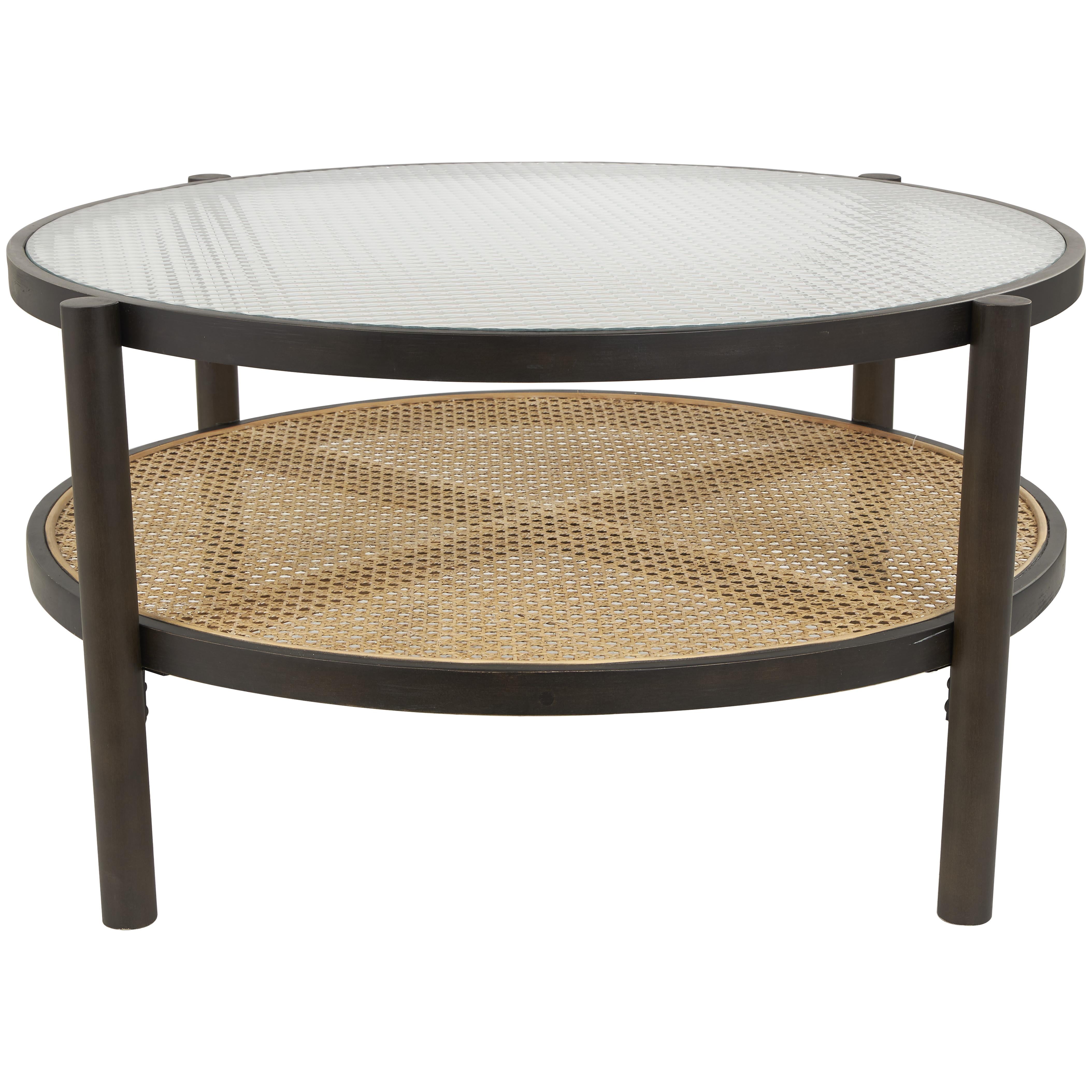 Mesa de cetro con cristal templado y rattan café