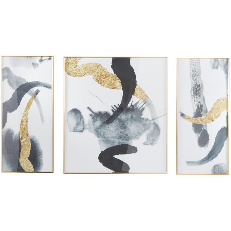 White Porcelain Abstract Framed Wall Art with Gold Aluminum Frame, Set of 3 32", 16", 16"W