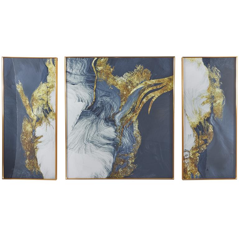 Blue Porcelain Abstract Framed Wall Art with Gold Aluminum Frame, Set of 3 32"W, 36"H