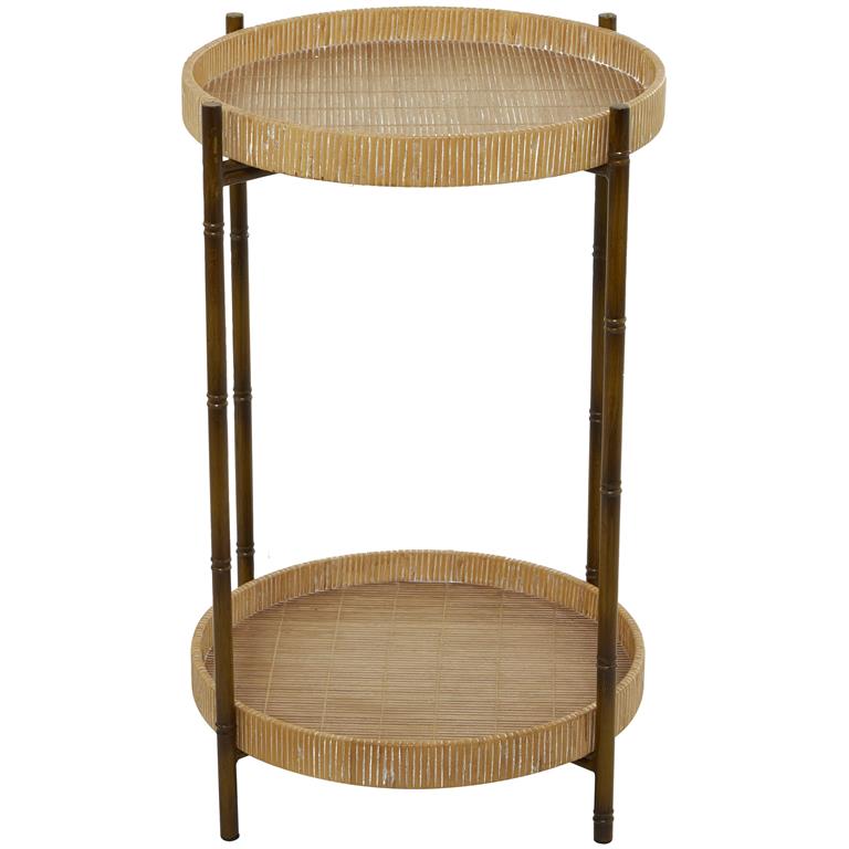 BROWN RATTAN 2 TRAY SHELVES ACCENT TABLE WITH METAL BAMBOO INSPIRED LEGS, 18" X 18" X 26"