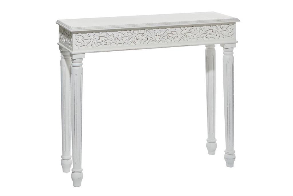 White Wood Scroll Intricately Carved Console Table, 36" x 12"