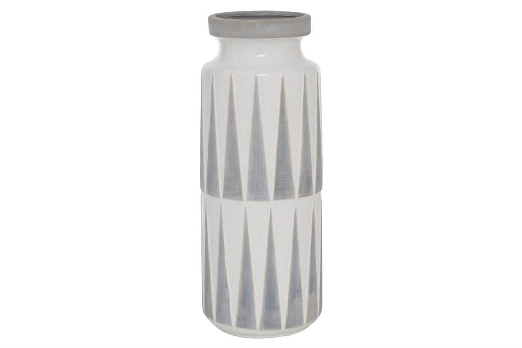 White Ceramic Vase with Triangle Patterns, 7" x 7" x 17"