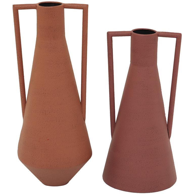 Orange Metal Vase with Handles, Set of 2 12", 14"H