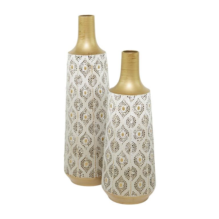 White Metal Vase with Diamond Pattern, Set of 2 24", 20"H