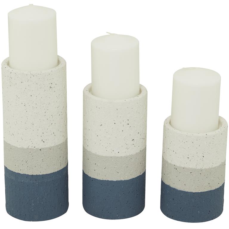 Blue Metal Striped Pillar Candle Holder, Set of 3 10", 8", 6"H
